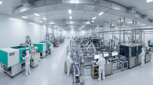 Interior of Sanan's cleanroom plant in Swabi with technicians in sterile suits operating injection-molding machinery